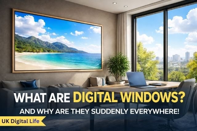 Digital window installed in a modern indoor space showing an outdoor landscape view