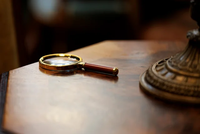 a magnifying glass on a desk, like the NFIB analysts examining fraud reports